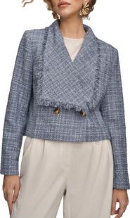Donna Karan New York Fringed Double Breasted Crop Bouclé Jacket