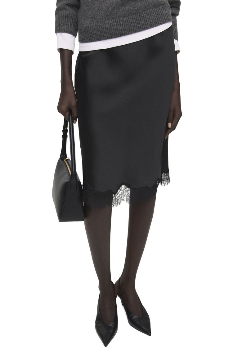 Lace Trim Satin Midi Skirt, Main, color, BLACK