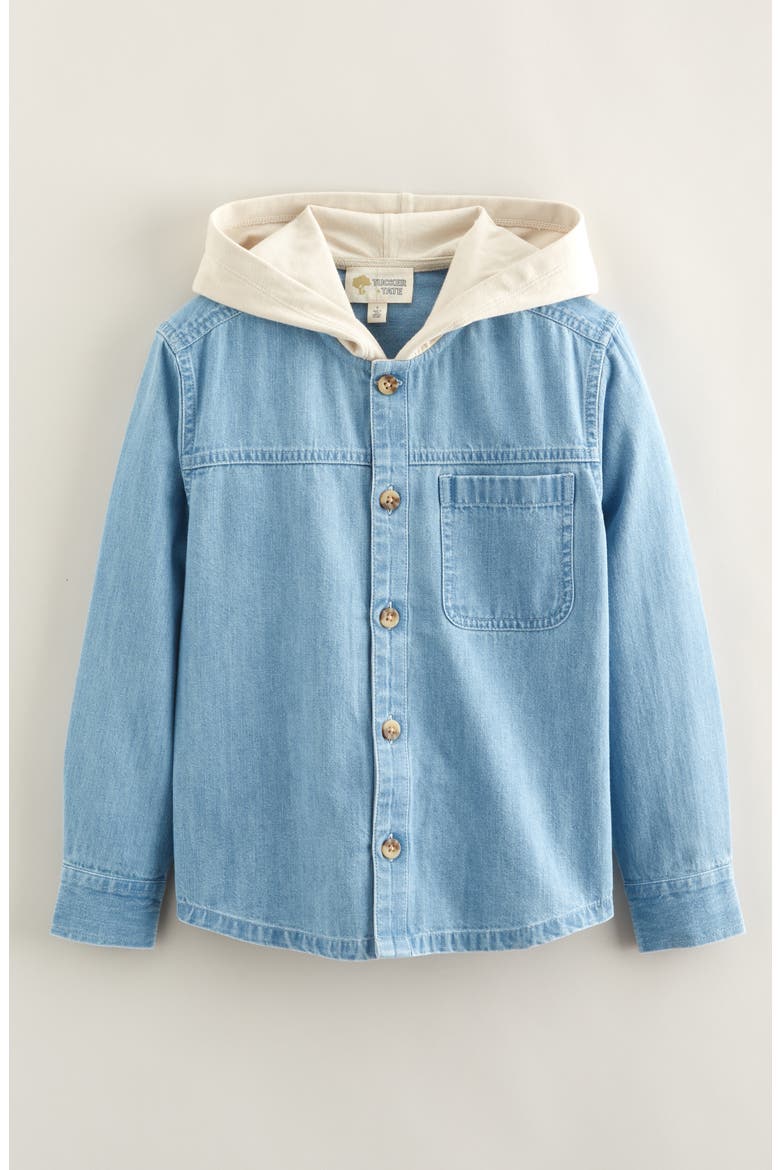 Kids' Hooded Button-Up Chambray Shirt, Main, color, LIGHT AQUAMARINE WASH