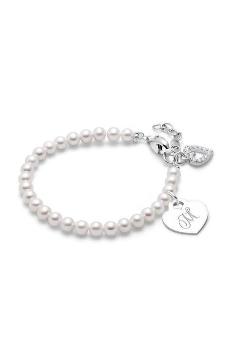 Sterling Silver 4mm Cultured Pearls & Engraved Initial 6.25" Bracelet