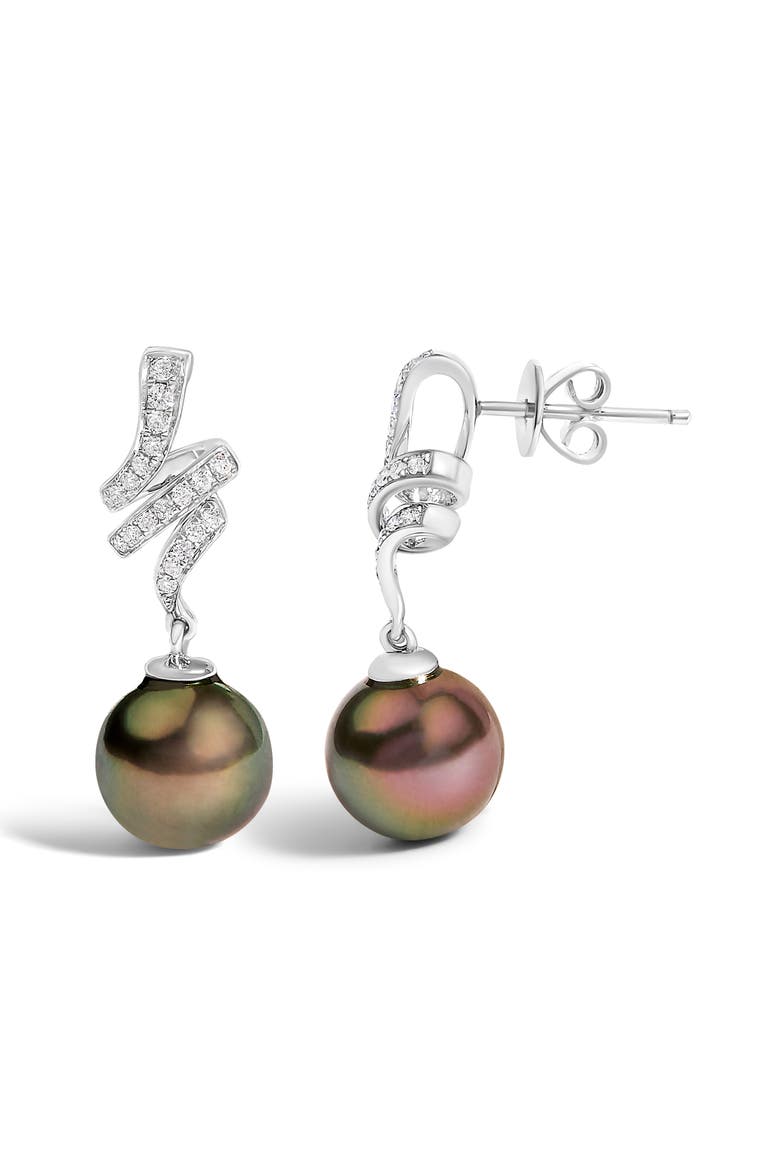 14K White Gold Black Pearl and Diamond Accent Dangle Earrings, Alternate, color, White