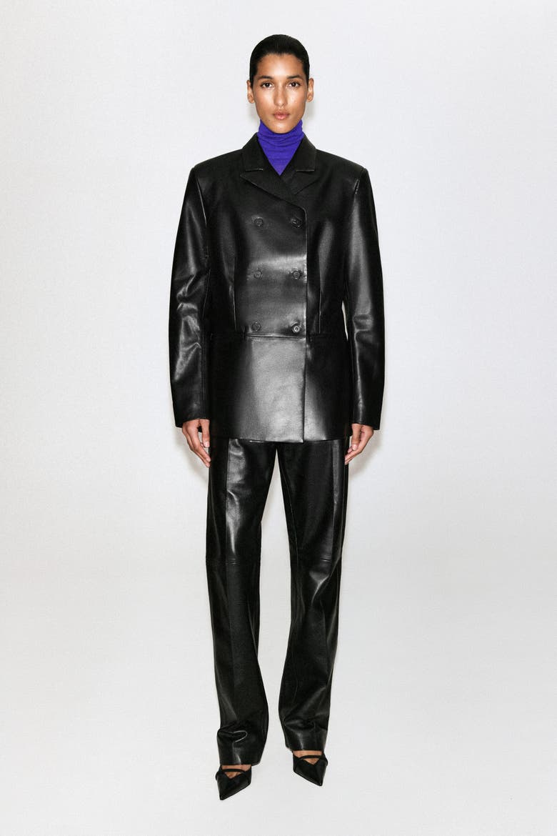 Leather Double-Breasted Blazer, Main, color, BLACK