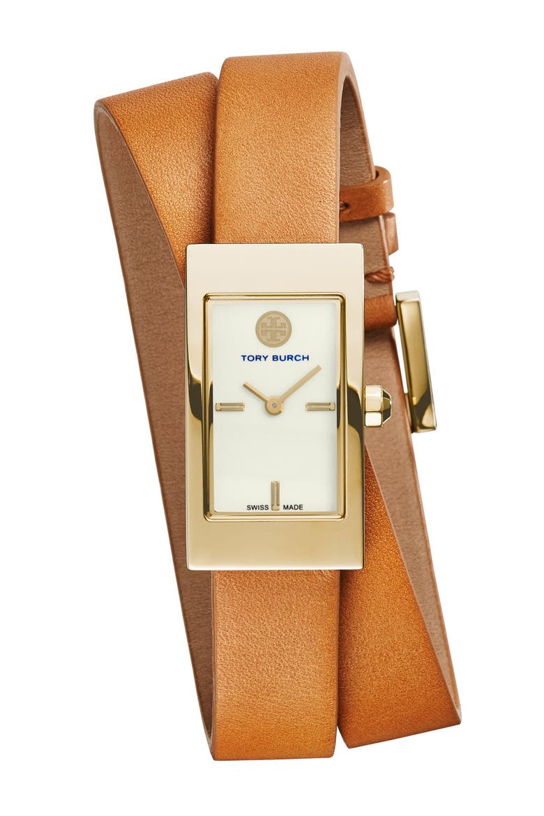 'Buddy Signature' Rectangular Wrap Leather Strap Watch, 17mm x 31mm, Main, color, LUGGAGE/ GOLD