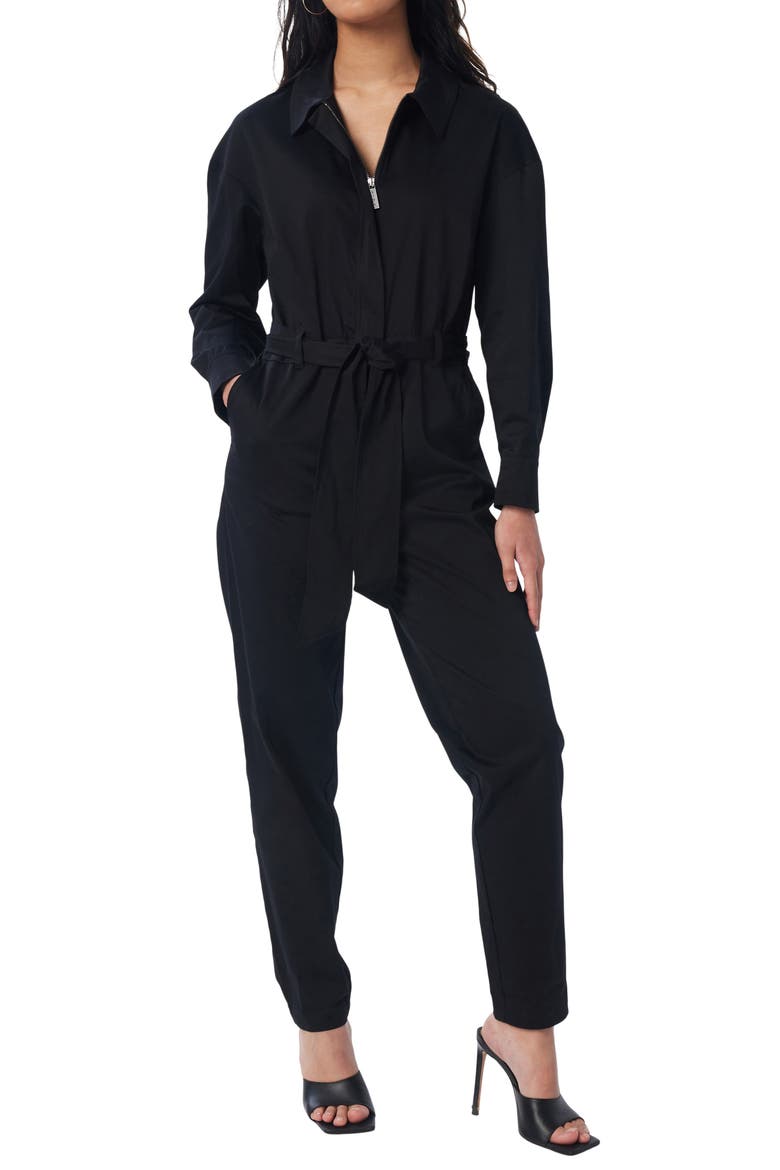 Born Free Half-Zip Long Sleeve Belted Stretch Cotton Jumpsuit, Main, color, BLACK