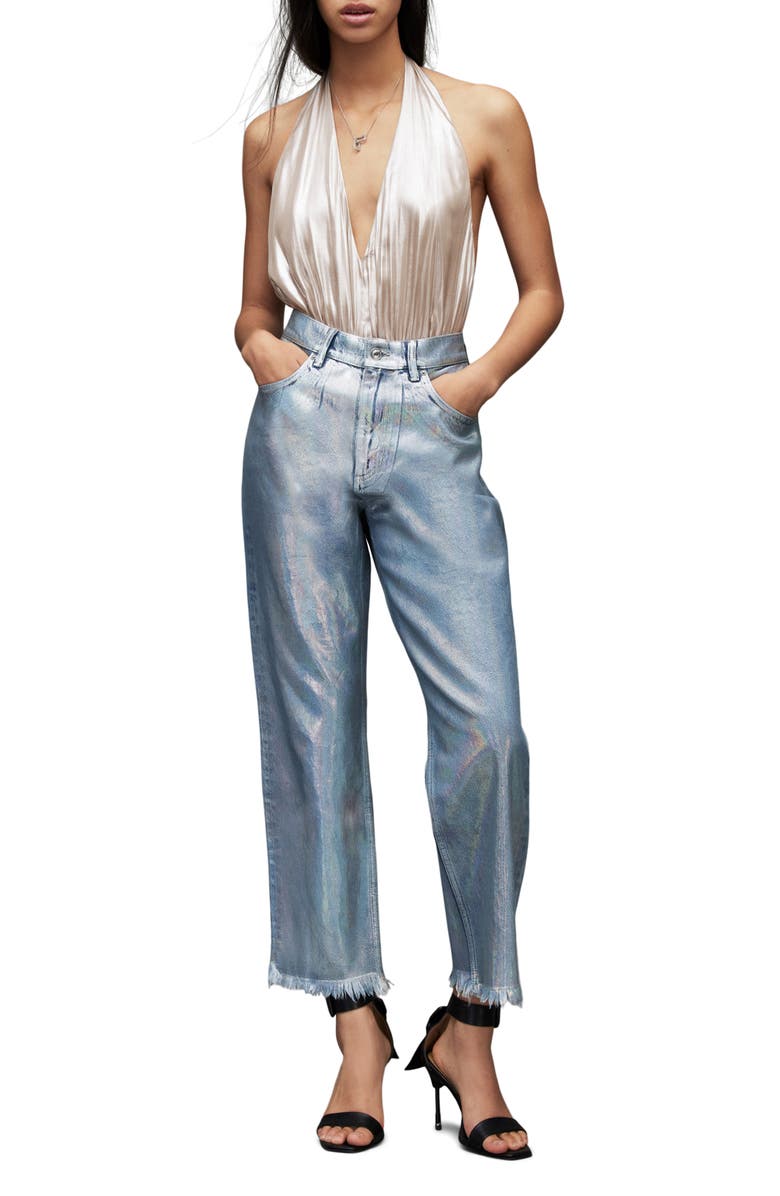 AllSaints Dora Halter Satin Bodysuit, Alternate, color, 