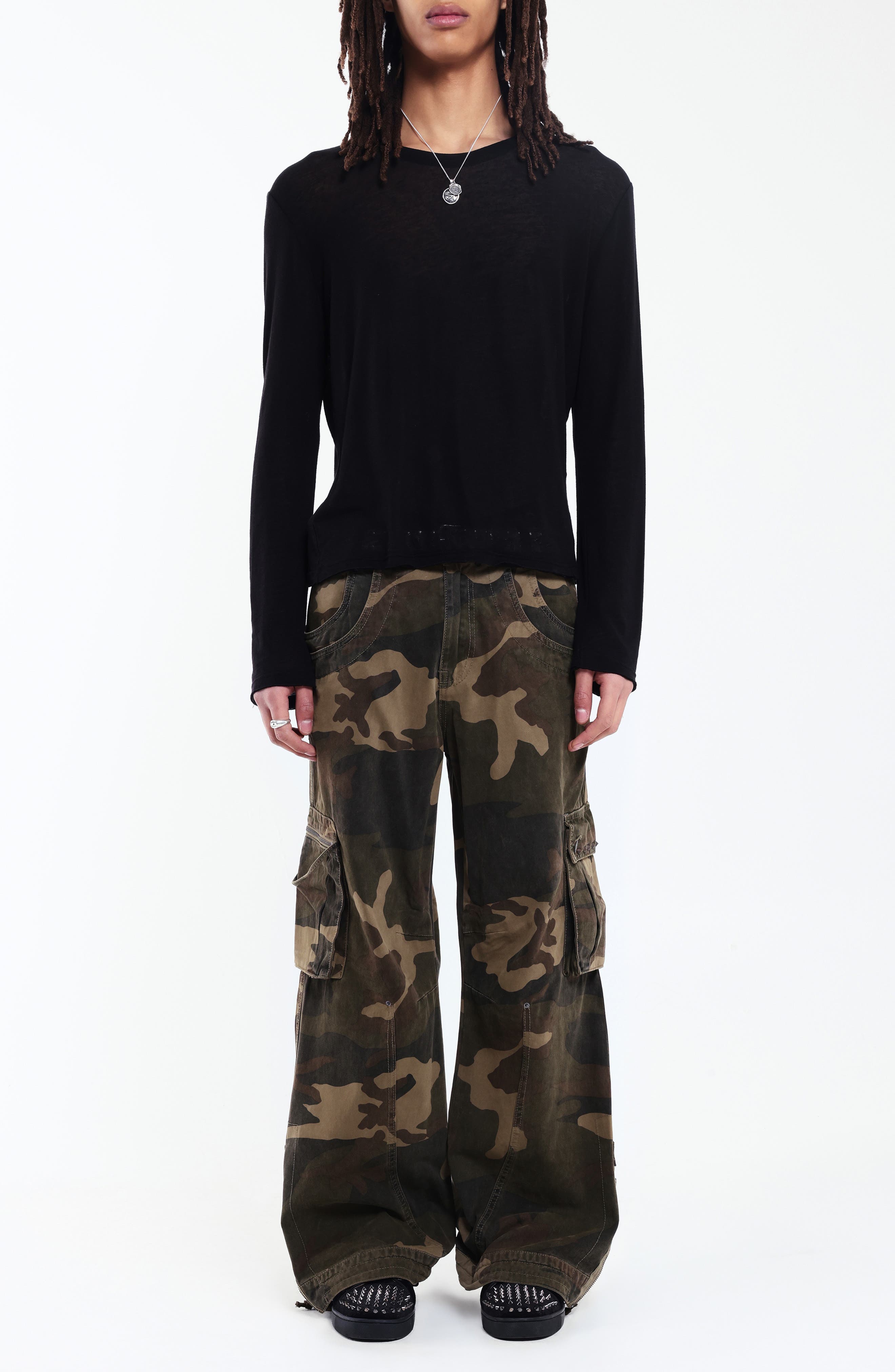 JADED LONDON Studded Camo Low Rise Wide Leg Cargo Pants (Men