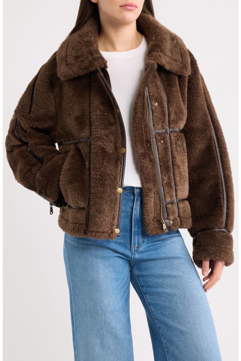 Faux Fur Jacket with Faux Leather Trim, Main, color, BROWN