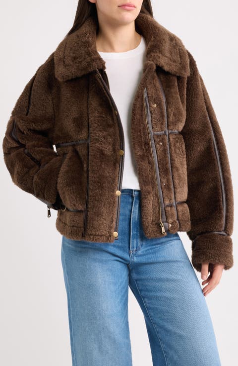 Faux Fur Jacket with Faux Leather Trim