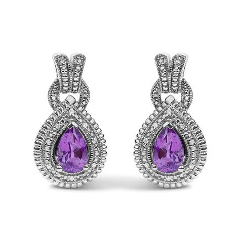 Sterling Silver Pear Cut Amethyst and Diamond Accent Teardrop Stud Earrings
