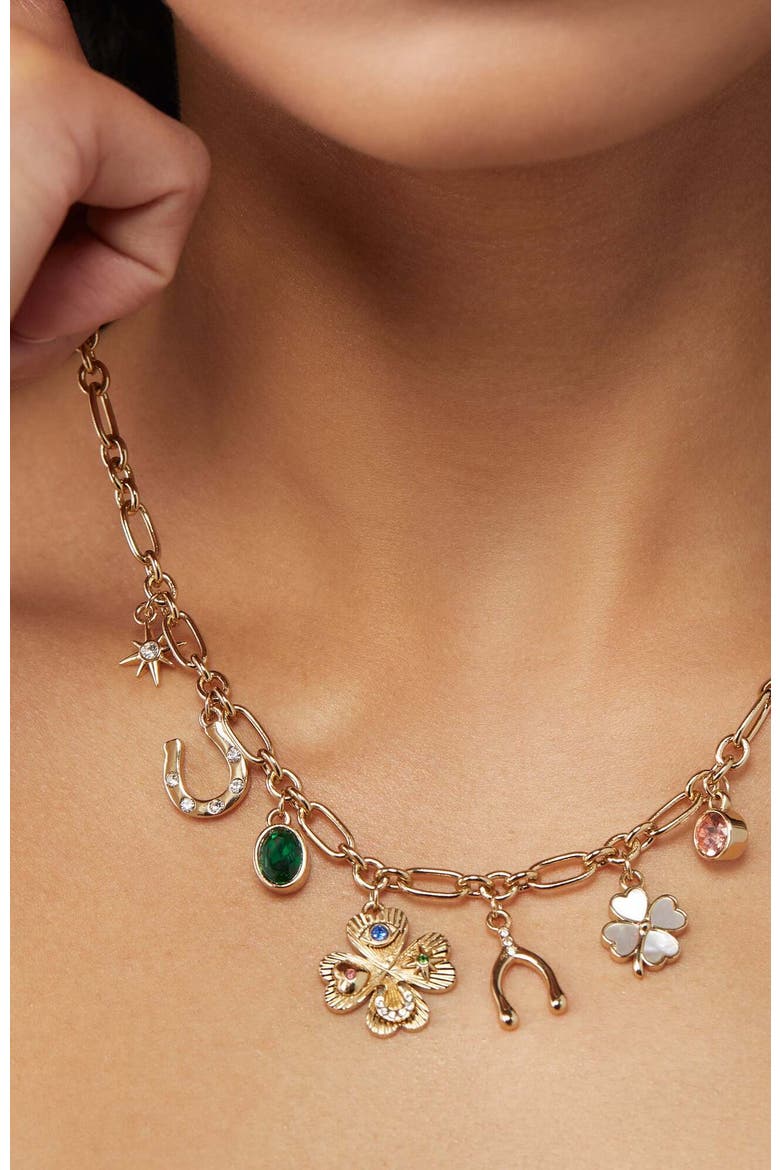 Lucky Four Lear Clover Charm Necklace, Alternate, color, Gold