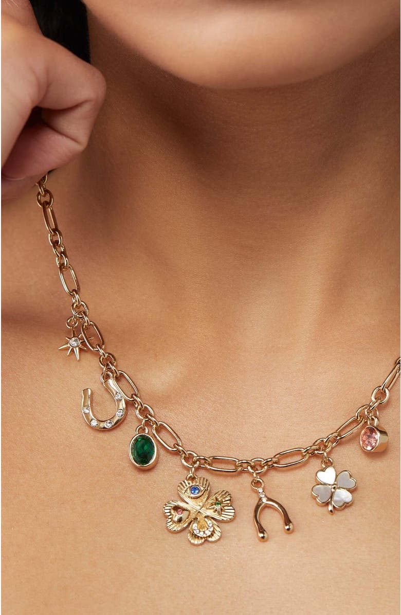 Alex and Ani Lucky Four Lear Clover Charm Necklace, Alternate, color, Gold