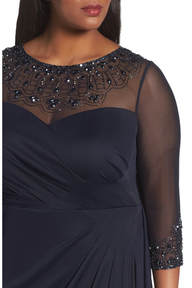 Beaded Illusion Neck A-Line Gown, Alternate, color, DARK NAVY