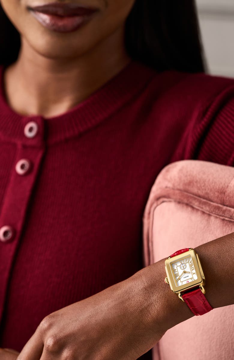 MICHELE Deco Sport Mid Leather Strap Watch, 29mm x 31mm, Alternate, color, Red/ Gold