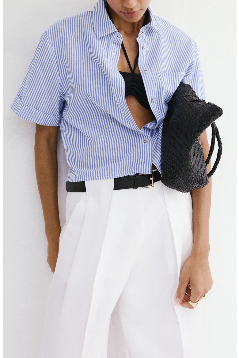 Stripe Short Sleeve Cotton & Linen Button-Up Shirt, Main, color, SKY BLUE
