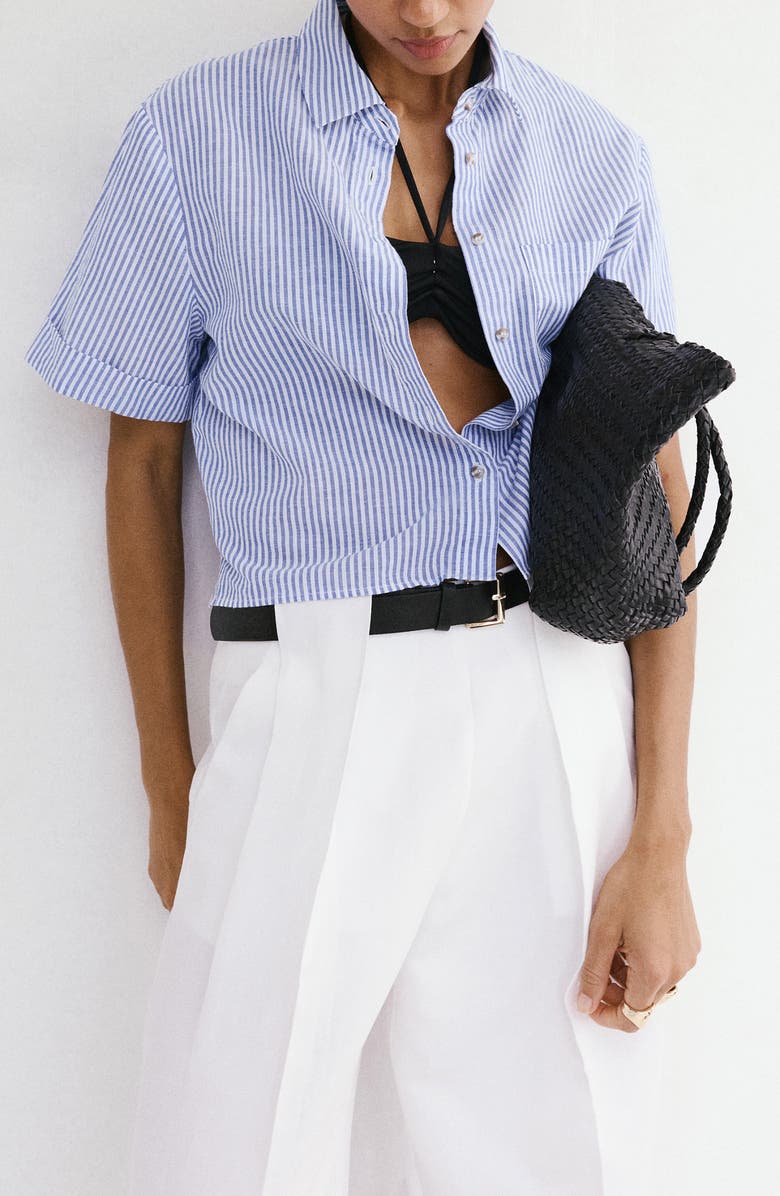 MANGO Stripe Short Sleeve Cotton & Linen Button-Up Shirt, Main, color,