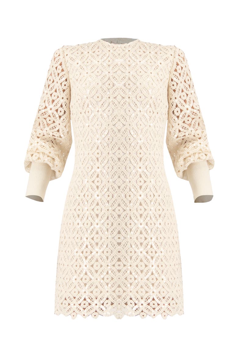 Embroidered Crochet Mini Dress with Sequin Detailing, Alternate, color, Natural