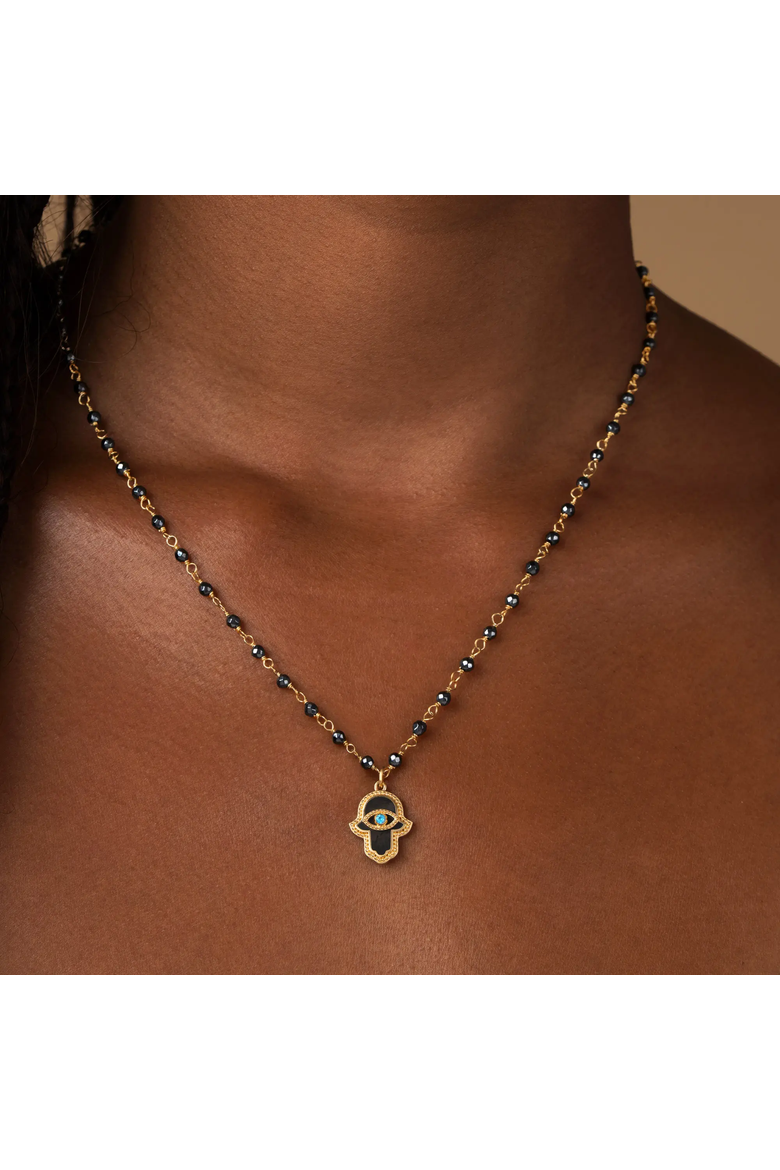Hamsa Pendant Hematite Aquamarine Women's Beaded Necklace - Celestial Flow, Alternate, color, Grey/Gold