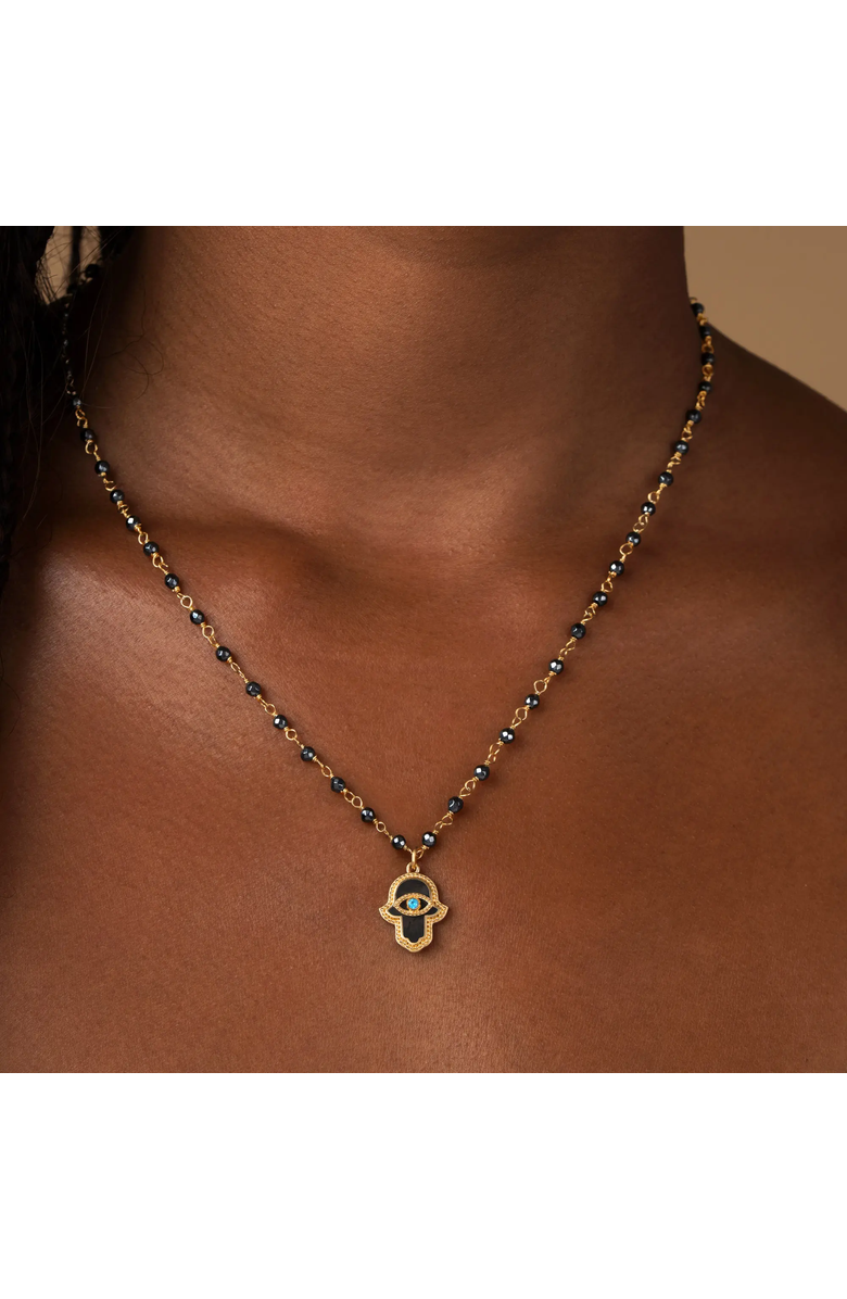 Karma and Luck Hamsa Pendant Hematite Aquamarine Beaded Necklace Celestial Flow, Alternate, color, Grey/Gold