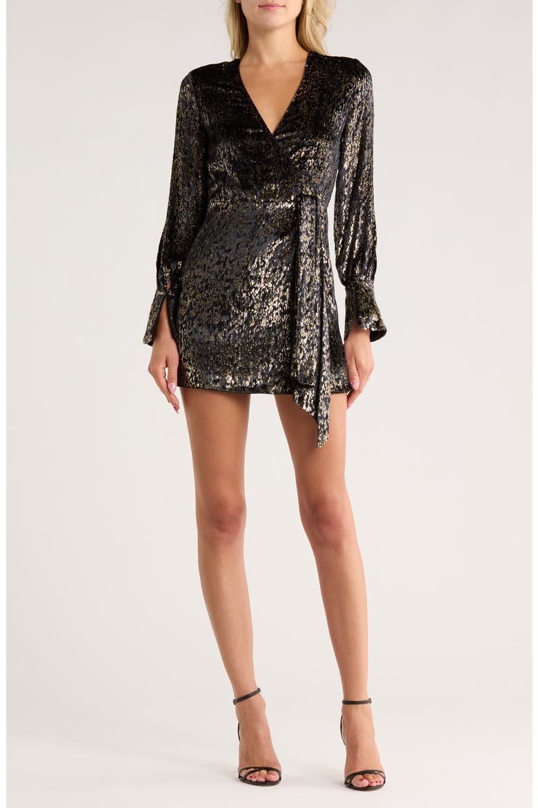 Camryn Long Sleeve Faux Wrap Minidress, Main, color, BLACK/ GOLD METALLIC