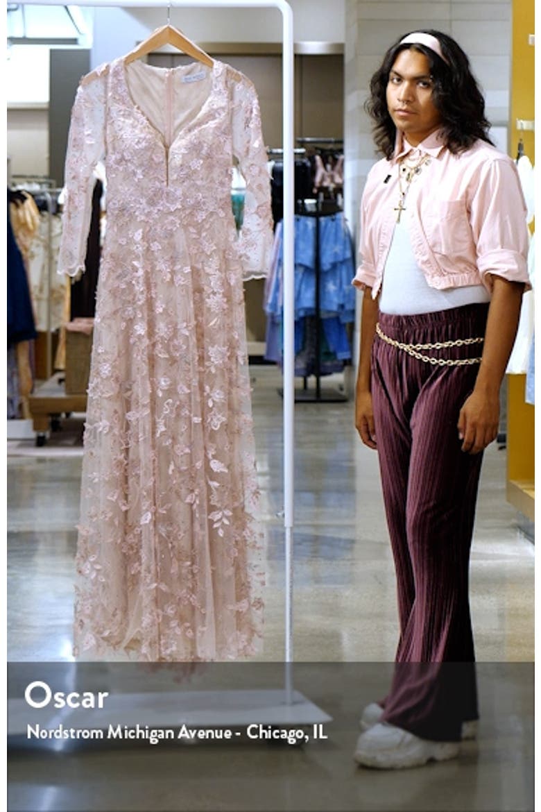 Floral Applique Long Sleeve Illusion Gown video
