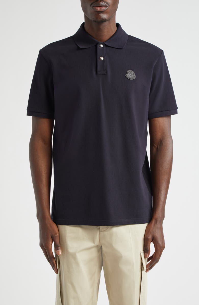 Moncler Logo Snap Placket Cotton Polo, Main, color, Black/ Navy