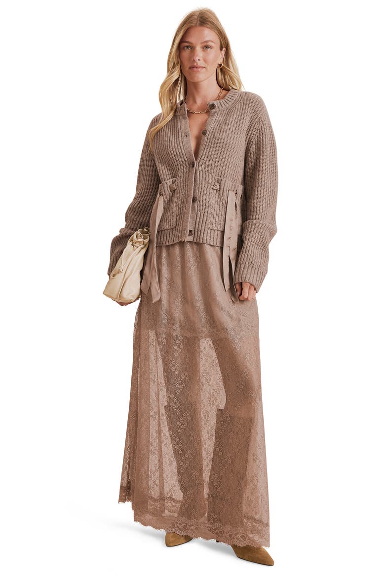 Selena Bow Packet Cardigan, Alternate, color, HEATHER JAVA BROWN