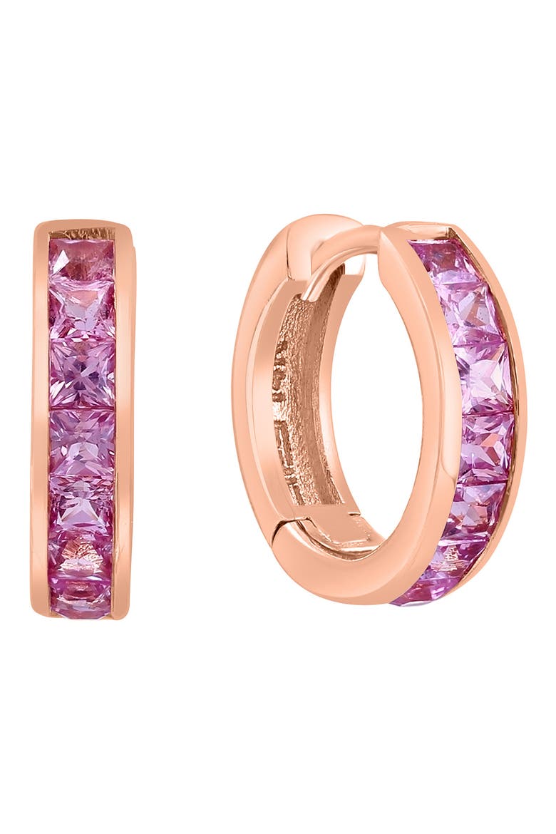 14K Rose Gold Pink Sapphire Huggie Hoop Earrings, Main, color, PINK