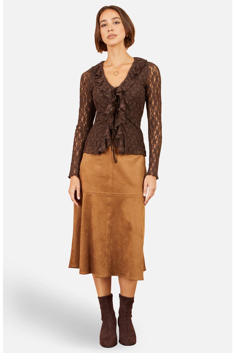Sheer Long Sleeve Ruffle Lace Top, Alternate, color, Brown