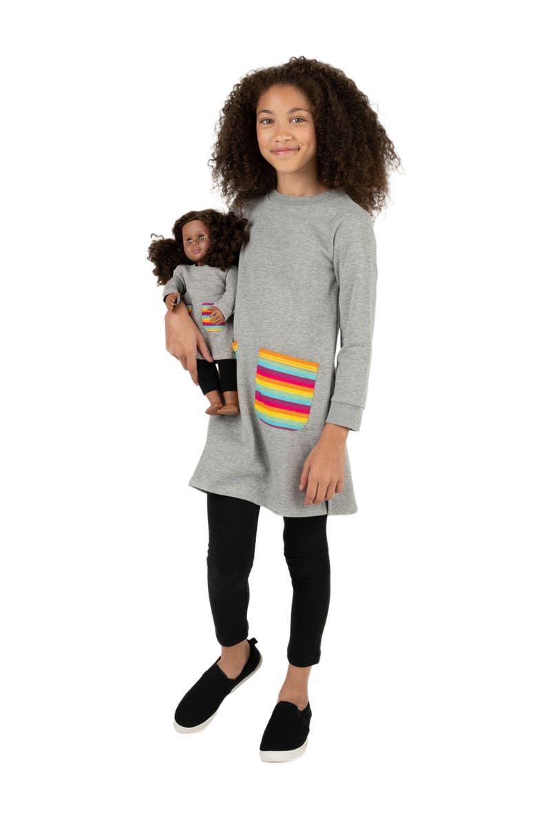 Leveret Girls Sweatshirt Dress with Matching Doll Dress, Alternate, color, Light Gray