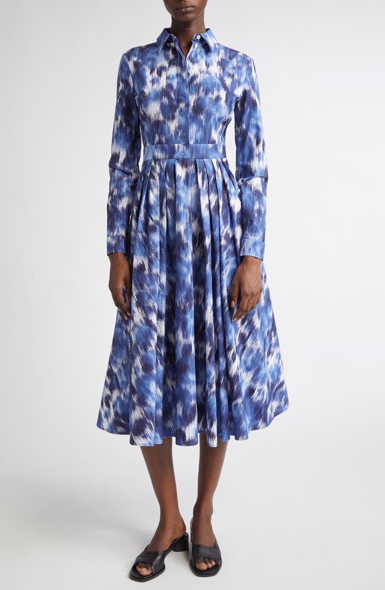 Michael Kors Collection Watercolor Floral Long Sleeve Cotton Poplin Midi Shirtdress, Main, color, Riviera/ Optic White