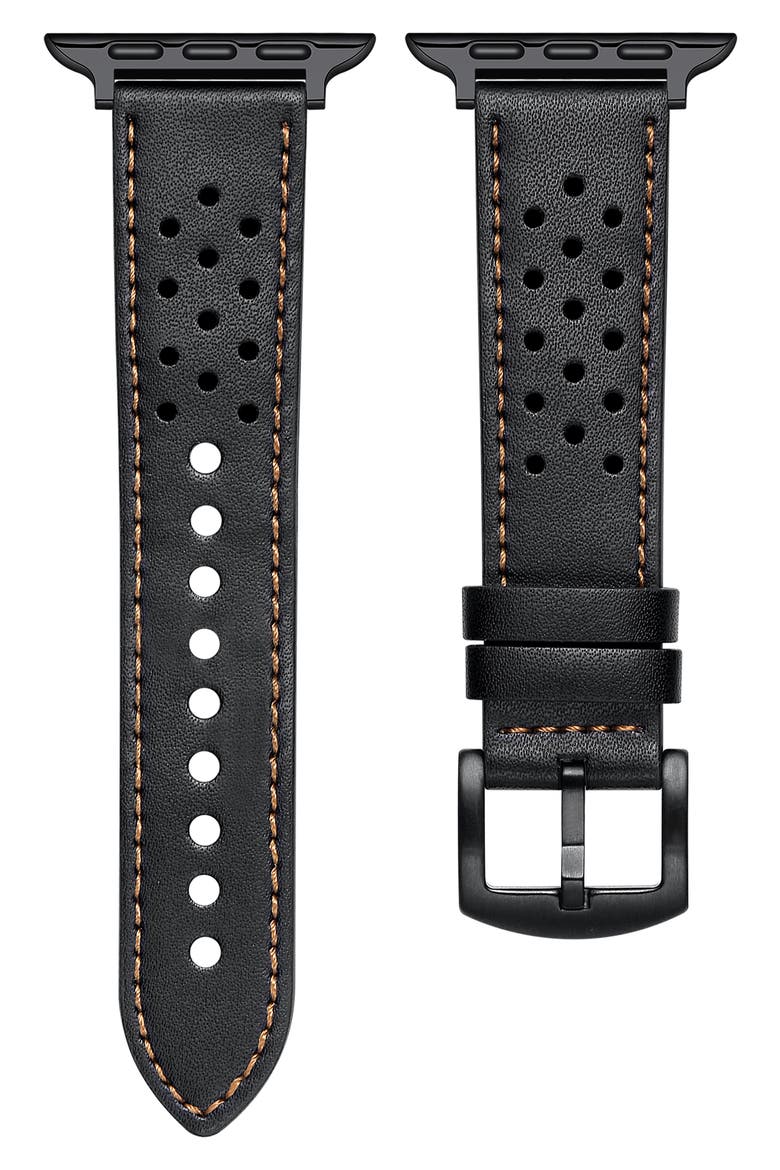 Derek Perforated Leather Apple Watch® Watchband, Main, color, BLACK