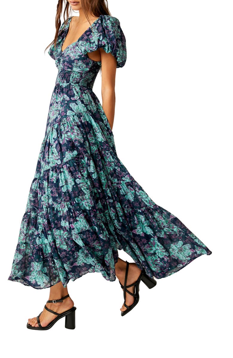 Free People Sundrenched Floral Tiered Maxi Sundress, Alternate, color, Emerald Combo