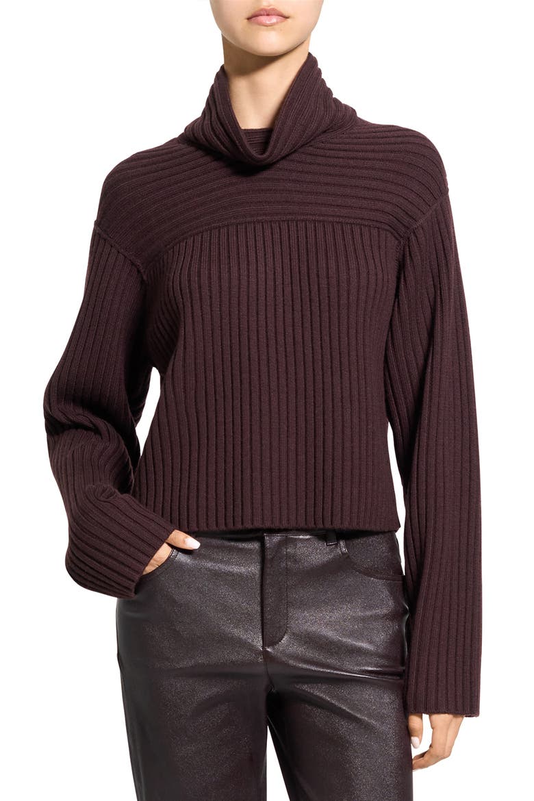 Directional Rib Cowl Neck Merino Wool Sweater, Main, color, DEEP PLUM