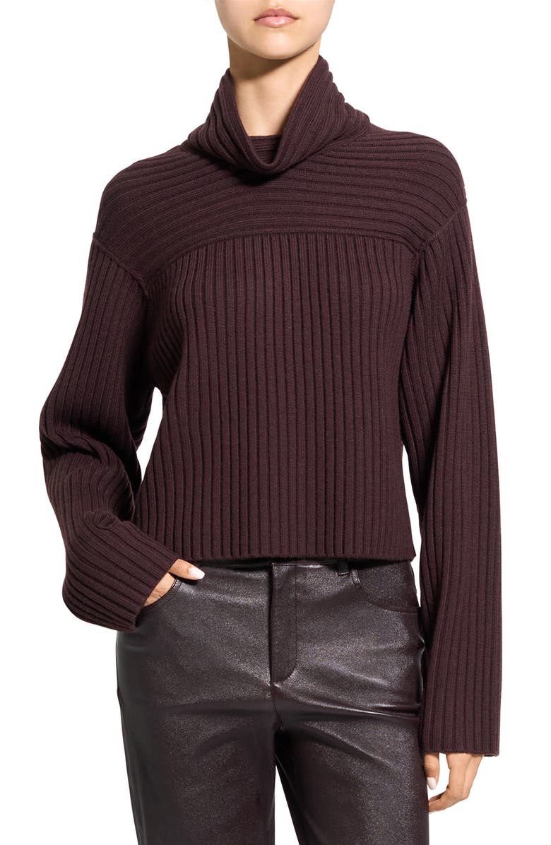 Theory Directional Rib Cowl Neck Merino Wool Sweater, Main, color, Deep Plum