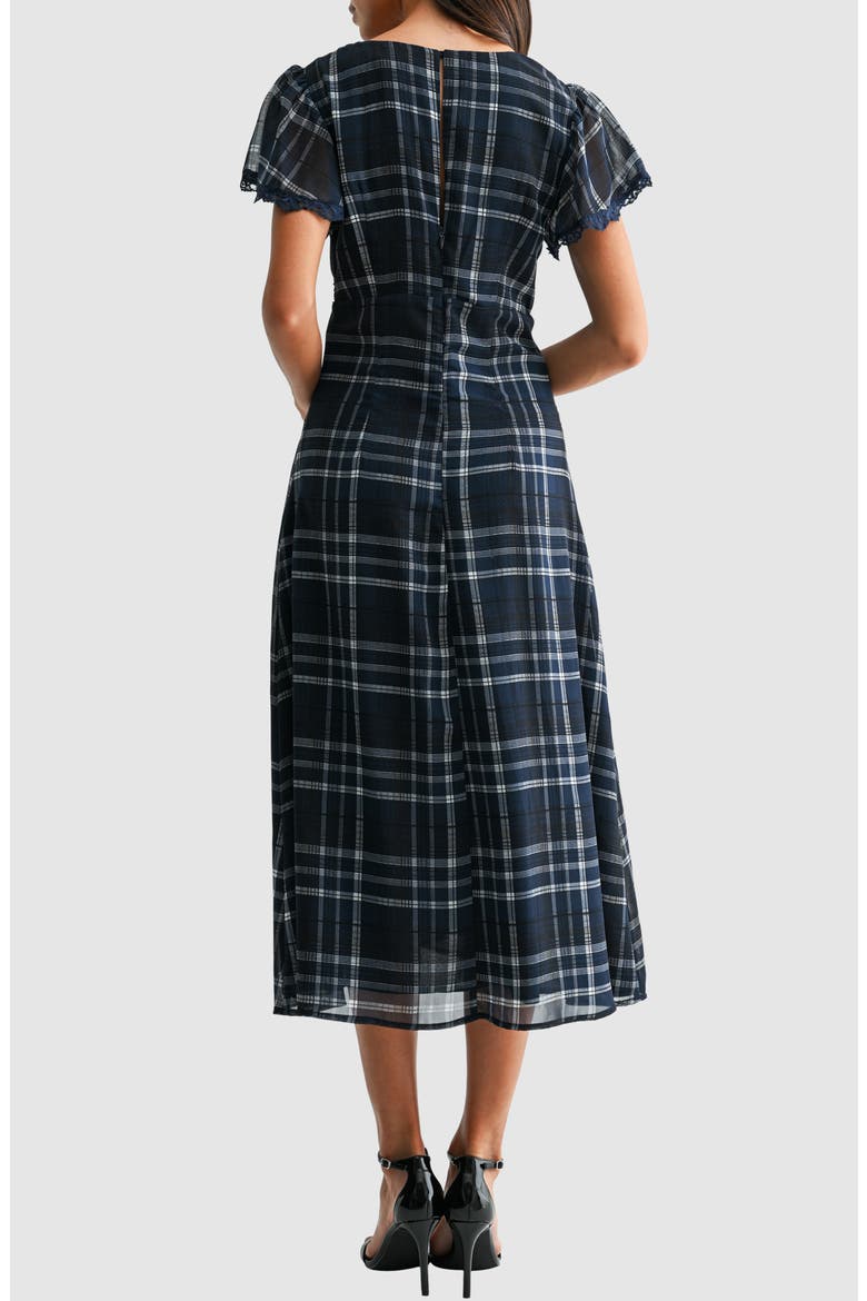 Plaid Flutter Sleeve Fit and Flare Midi Dress, Alternate, color, NAVY IVORY PLAID