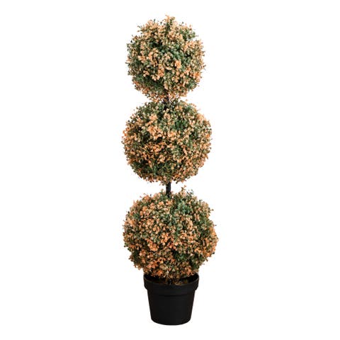 3-ft UV Resistant Autumn Triple Ball Boxwood Artificial Fall Topiary Tree with 30 Warm White LED Lights