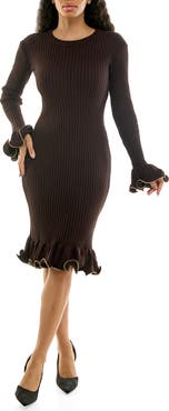 Nina Leonard Ruffle Edge Rib Sweater Dress