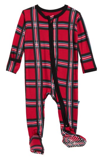 Kickee Pants Holiday Plaid Zip Footie In Red