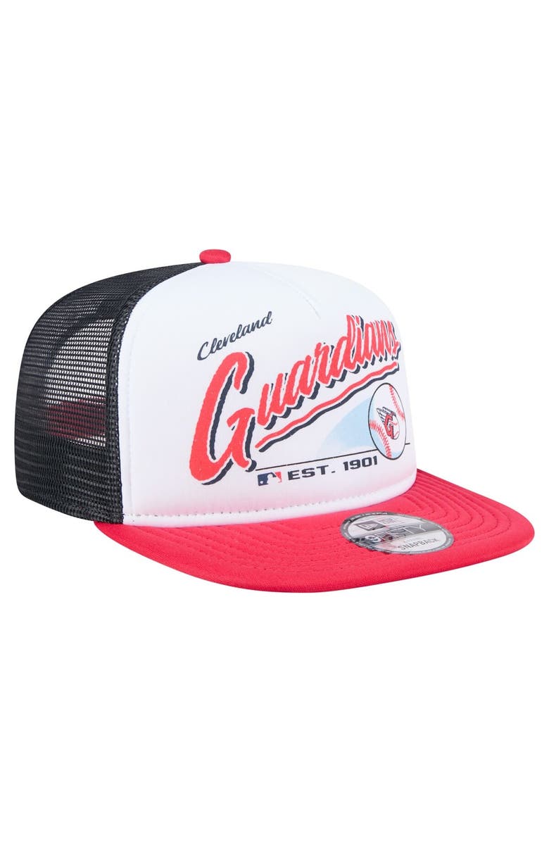 New Era Men's New Era White/Red Cleveland Guardians Retro Script Trucker 9FIFTY Snapback Hat, Alternate, color, White
