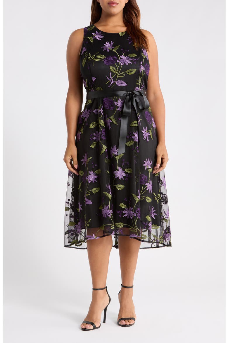 Floral Embroidered Sleeveless Midi Dress, Main, color, BLACK GRAPE