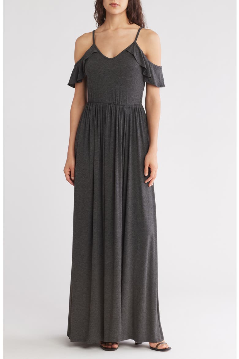 Ruffle Cold Shoulder Maxi Dress, Main, color, CHARCOAL