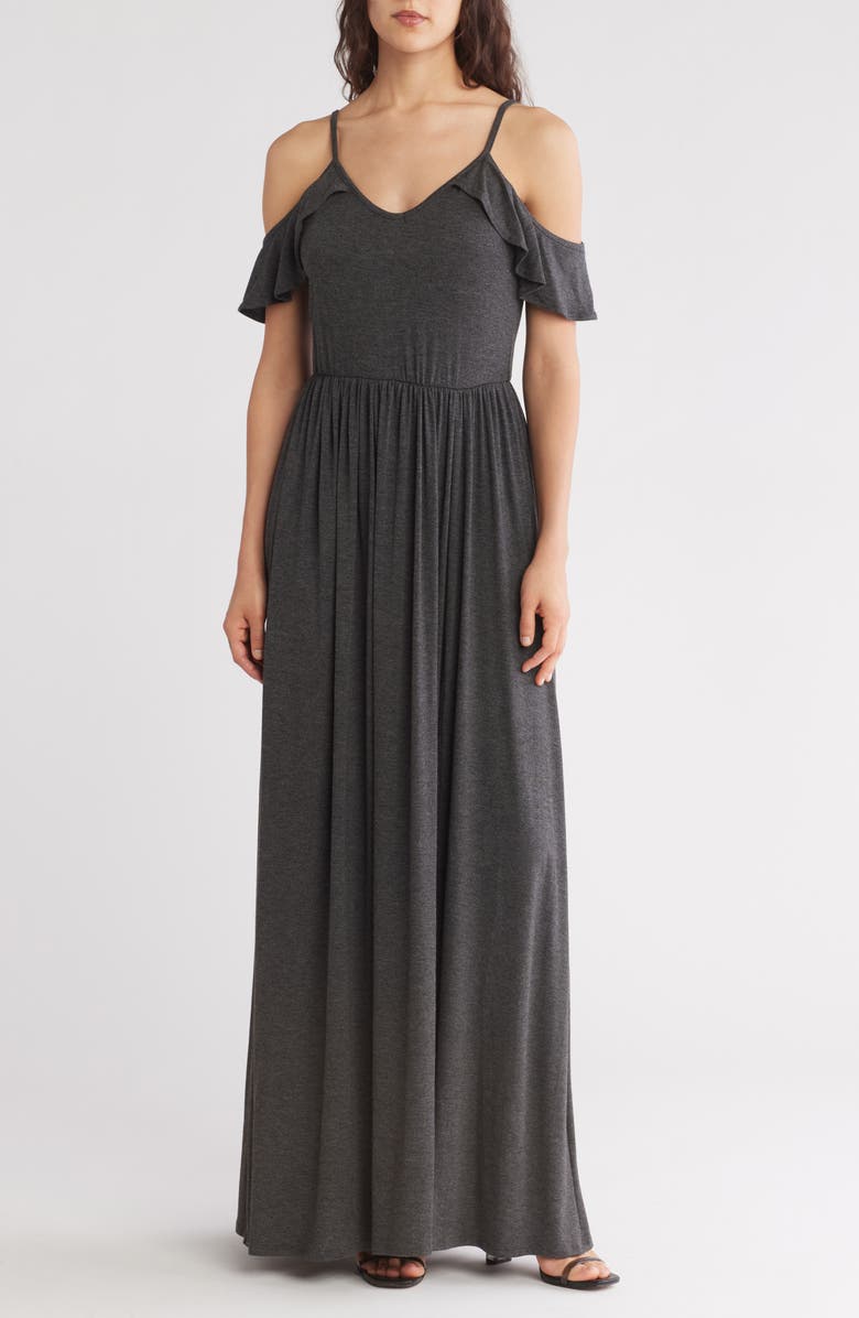 GO COUTURE Ruffle Cold Shoulder Maxi Dress, Main, color, Charcoal