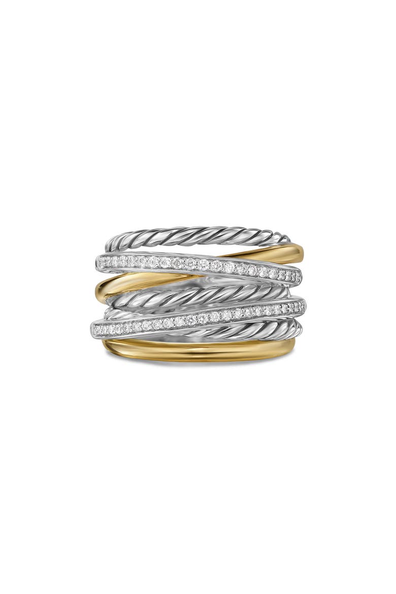 Crossover Seven-Row Ring in Sterling Silver with 18K Yellow Gold & Diamonds, 16mm, Main, color, STERLING SILVER AND 18K GOLD