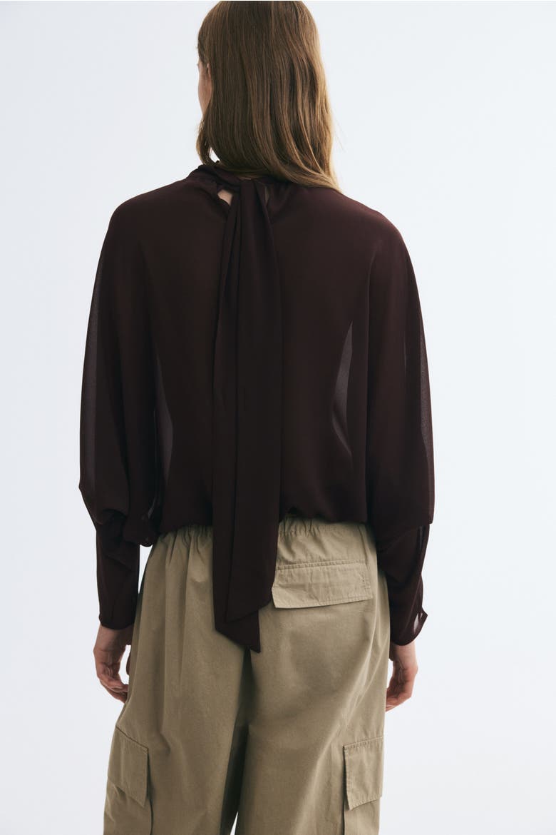 Tie-Back Stand-Up-Collar Blouse, Alternate, color, Dark brown