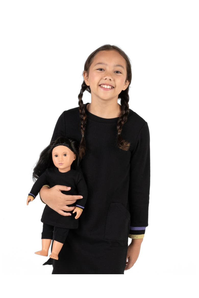 Girls Sweatshirt Dress with Matching Doll Dress, Alternate, color, BLACK