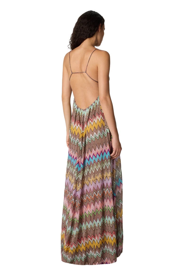 Long Beach Dress In Lamé Viscose With Macro Zigzag Pattern And Thin Straps, Alternate, color, Black & Multicoloured