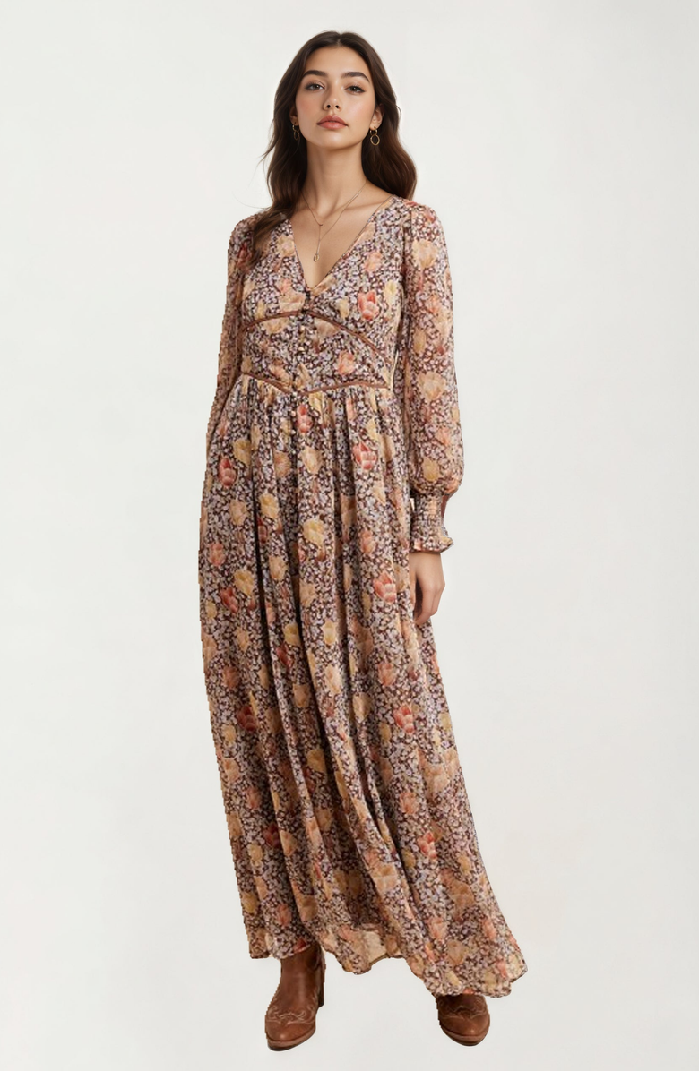 Knit and Lounge Floral Chiffon Smocked Sleeve Flowing Skirt Maxi Dress, Alternate, color, 