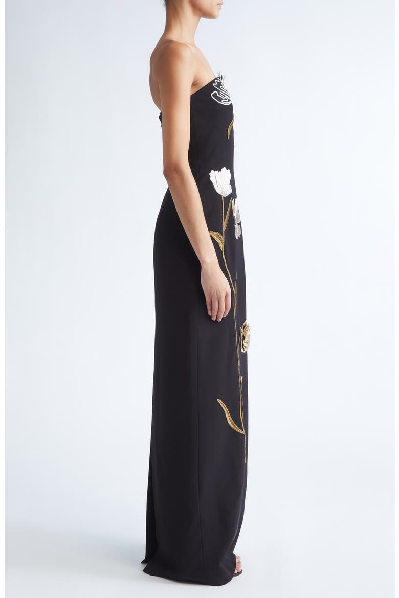 Floral Cord Embroidery Strapless Stretch Crepe Gown, Alternate, color, BLACK/ METALLIC