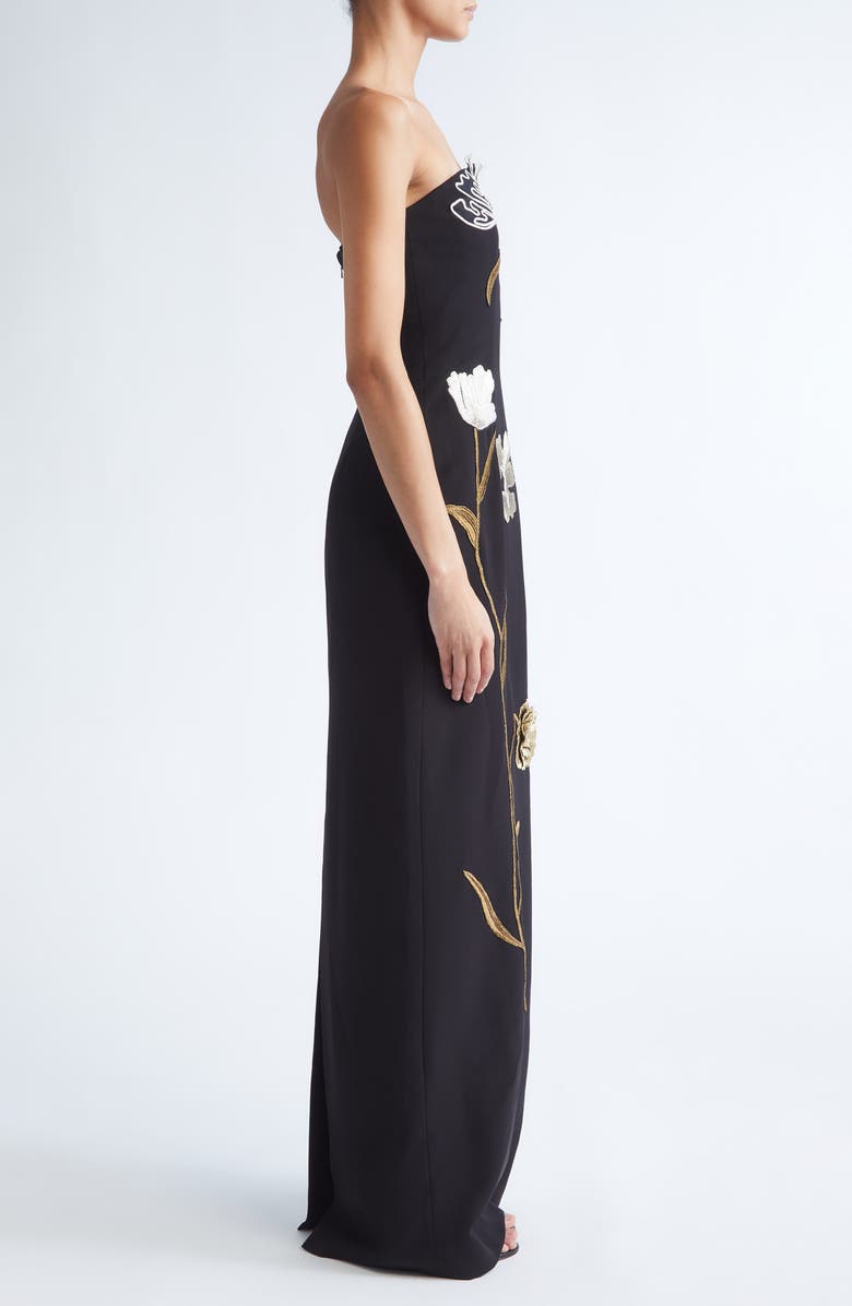 Lela Rose Floral Cord Embroidery Strapless Stretch Crepe Gown, Alternate, color, Black/ Metallic