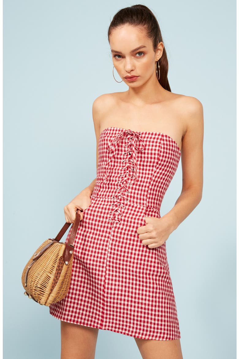 Sid Strapless Linen Minidress, Alternate, color, MAY CHECK